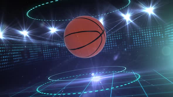 Animation of a basketball rotating in front of sports arena stadium lit by rows of spotlights on dar alt