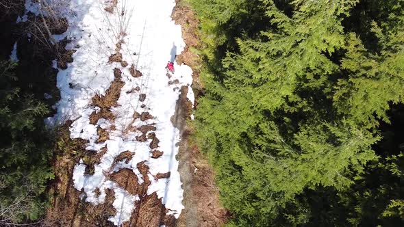 Man Hiking in Snow up a Logging Road on Vancouver Island, Canada