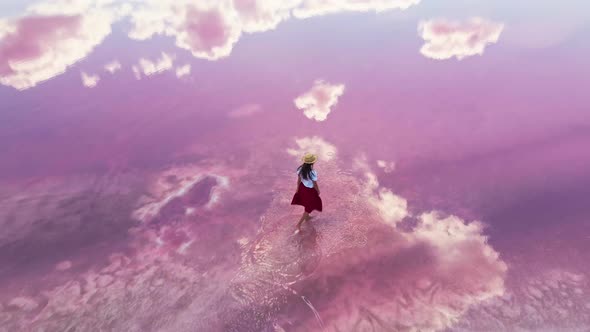 Carefree Woman Joyfully Walking in Water of Amazing Pink Lake