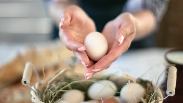 Closeup Female Hands of Agricultural Worker Hiding Chicken Egg