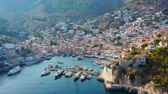 Aerial View of Hydra Old Town and Marina or Seaport Greece  Drone Videography