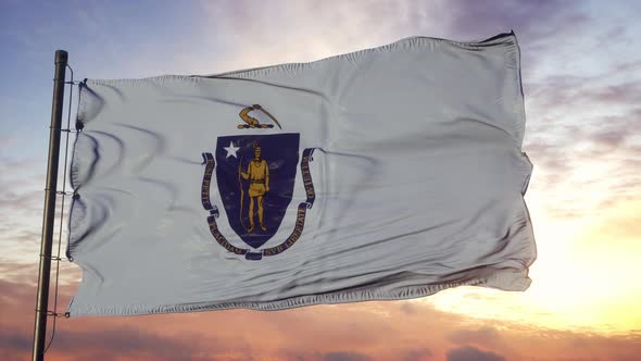 Flag of Massachusetts Waving in the Wind Against Deep Beautiful Sky at Sunset