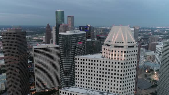 This video is about an aerial view of the downtown Houston skyline in the evening. This video was fi