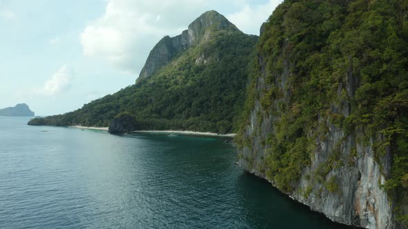 WS AERIAL Landscape with coastal cliffs and sea, El Nido, Palawan, Philippines