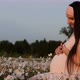 Young Beautiful Pregnant Woman Sitting in a Flower Field Stroking Her Belly and Smiling at Sunset. - VideoHive Item for Sale