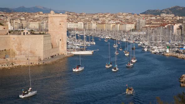 Yachts Coming To Marseille Old Port on Sunset. Marseille, France