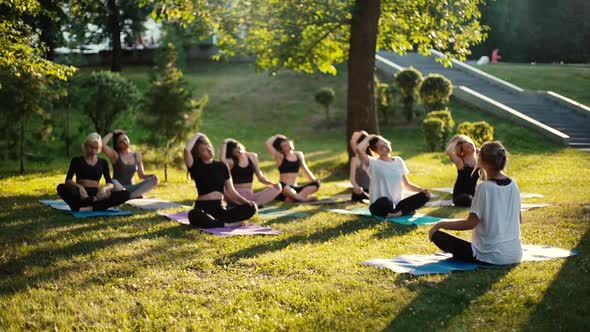 Group of Women Tilt Neck in Park on Summer Sunny Morning Under Guidance of Coach