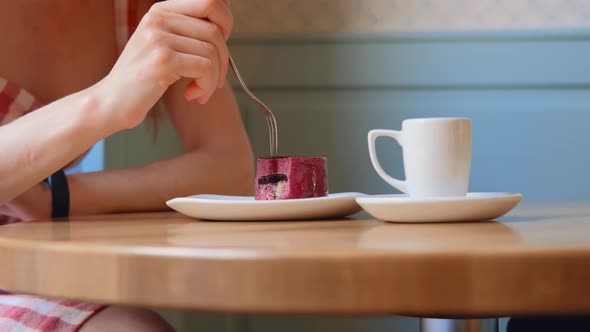 Closeup View Of Eating Cherry Cake