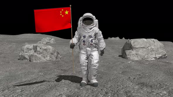 Astronaut Walking on the Moon with Chinese Flag