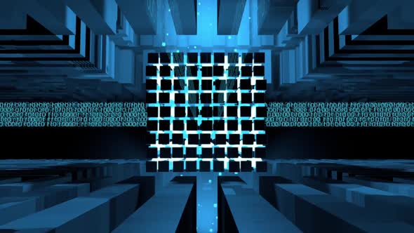 Computer core formed by blue cubes iluminated with blue light inside a metal structure