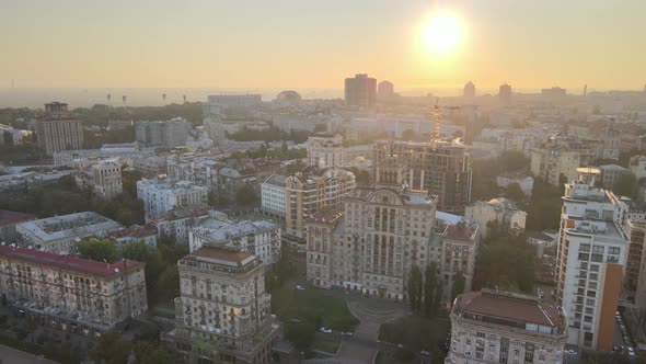 Ukraine, Kyiv : City Center in the Morning at Sunrise. Aerial View. Kiev.