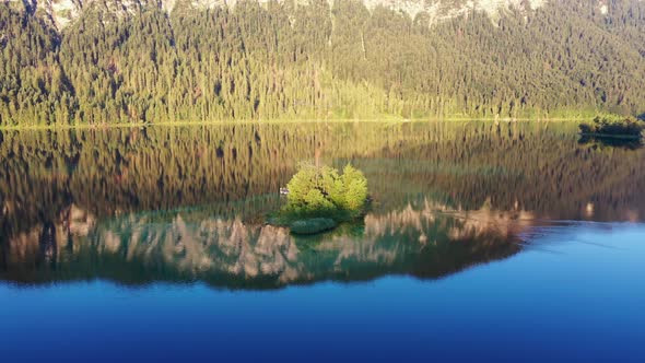 Flight over lake Eibsee with Maximilian island, Bavaria