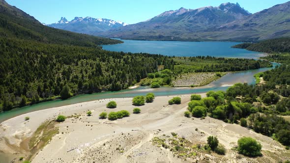 Epic aerial shot of Lake Cholila, Patagonia, Argentina, forward flyover wide shot