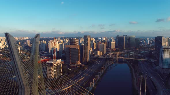 Sunset downtown Sao Paulo Brazil. Downtown district at sunset scenery.