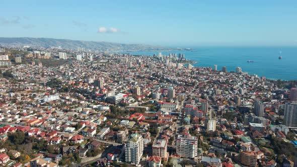 Panoramic View From Above Of City Skyline Of Vina Del Mar In Valparaiso, Central Chile. aerial drone