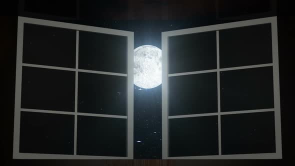 Night Sky and Moon Seen Through Opened Windows