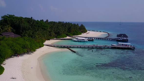 Aerial drone travel of marine bay beach by clear ocean and sand background