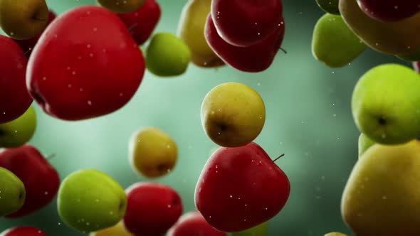 Slow motion animation of multicolored natural apples falling down. Loopable. HD