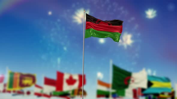Malawi Flag With World Globe Flags And Fireworks