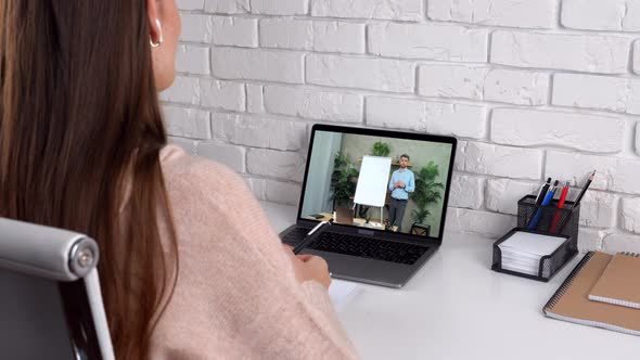 Woman Student Study at Home Online Video Call Laptop Greets Tells Listen Tutor