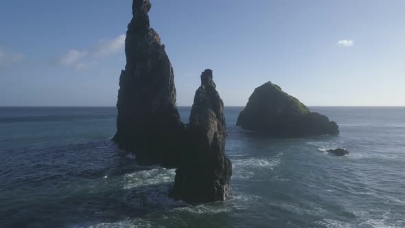 Aerial drone view of Janela Islets in Porto Moniz in Madeira