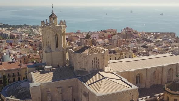 Aerial Metropolitan Cathedral Basilica of Tarragona. Sunny Day At Coast.