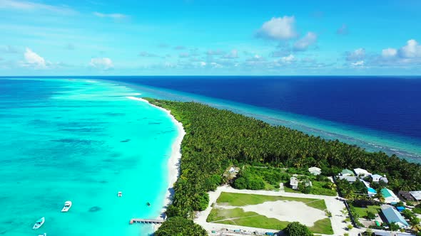 Wide fly over abstract view of a white sand paradise beach and blue sea background in high resolutio