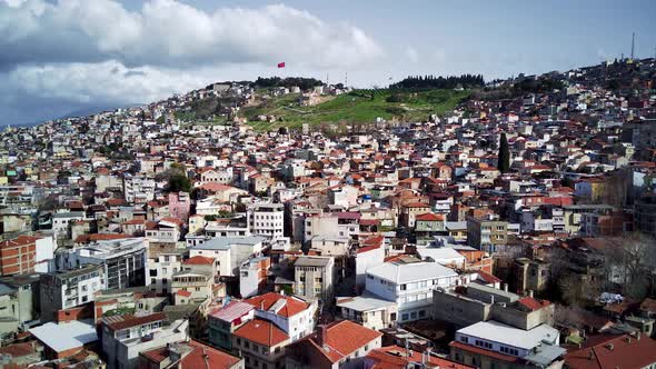 Drone view on poverty slum district and muslim mosque