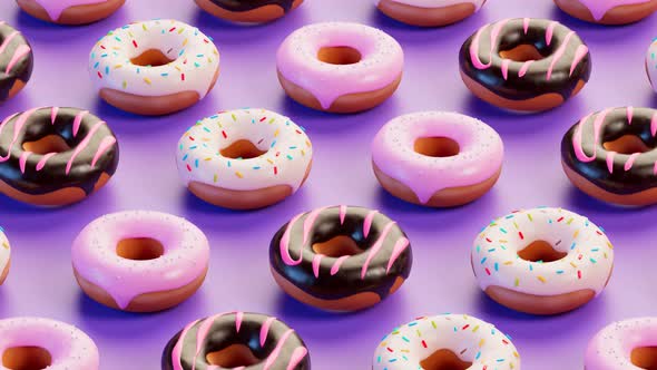 Seamless loop animation of jumping donuts. Colourful various decorated doughnuts