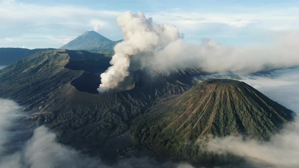 Aerial Shot of Mountain Bromo Active Volcano Crater in East Java Indonesia