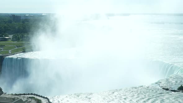 Medium timelapse shot of mist rising over the Horseshoe Falls section of Niagara Falls.