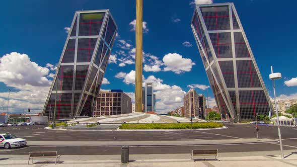 KIO Towers or Gateway of Europe Timelapse From Plaza De Castilla in Madrid Spain