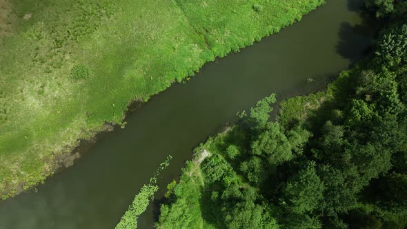 Flight Over The City Park. The River Is Visible. Aerial Photography From Above..