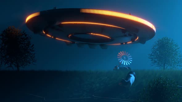 Flying saucer with glowing lights abducting cows from a grassy meadow.
