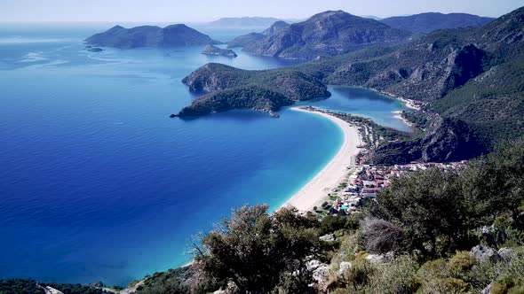 Amazing beautiful panoramic view from drone of Oludeniz Blue lagoon beach in Fethiye in Mugla