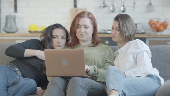 Portrait of Three Relaxed Millennial Women Using Social Media on Laptop and Talking
