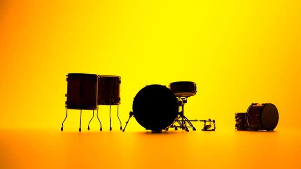 Setting up a drum kit on a yellow background timelapse. Instrument silhouettes.