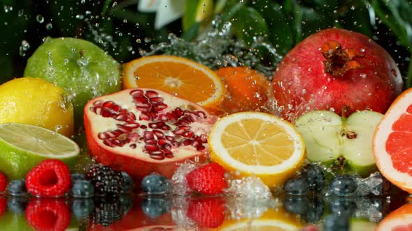 Super Slow Motion Shot of Splashing Water on Variation of Fruits at 1000Fps