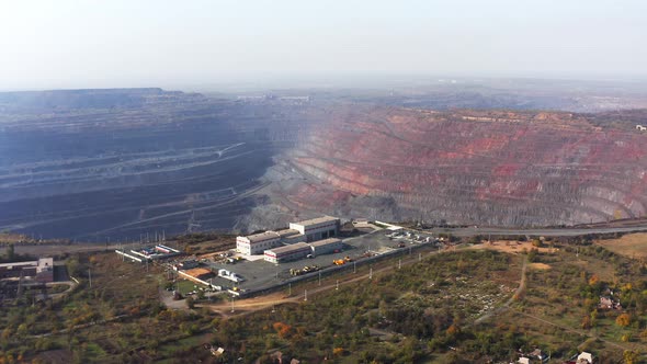 Aerial View of Management Building Near a Huge Quarry at Southern Mining Factory in Ukraine