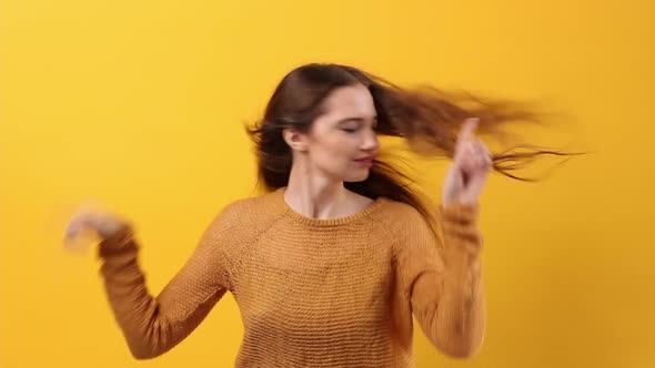 Young Beautiful Woman Caucasian Ethnicity Yellow Sweater Dancing Studio