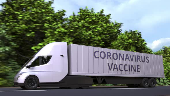 Modern Semi-trailer Truck Delivering Coronavirus Vaccine