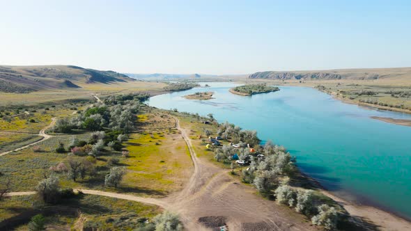 Drone Shot of River Ili and Spring Steppe in Kazakhstan