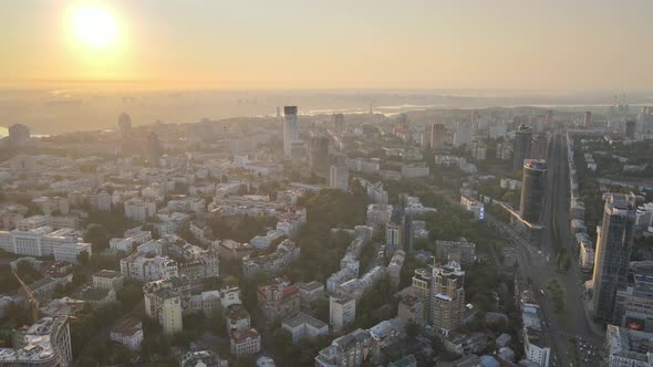 Ukraine, Kyiv : City Center in the Morning at Sunrise. Aerial View. Kiev.