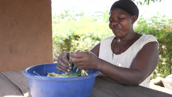 Local African black woman smiling, peeling and cooking red kidney beans. Preparing traditional Afric