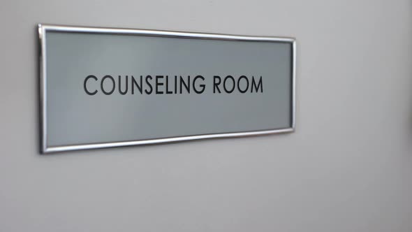 Counseling Room Door, Hand Knocking Closeup, Family Therapy, Support Group