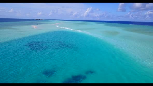 Aerial tourism of relaxing bay beach voyage by blue green ocean with white sand background of a dayt