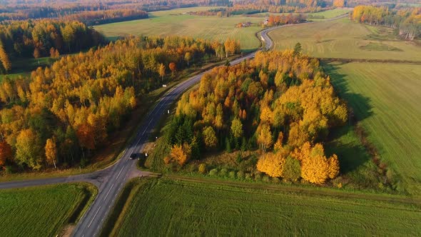 Aerial view of car driving in road beetheen agricultural fields, Estonia.