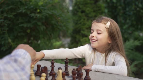 Portrait Smiling Little Girl Chess Player Playing