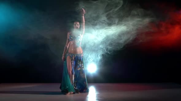 Talanted Belly Dance Movements of Young and Attractive Girl in Exotic Dress, Go On, Slow Motion, in