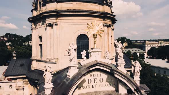 Aerial drone view of a flying over the Catholic Cathedral.